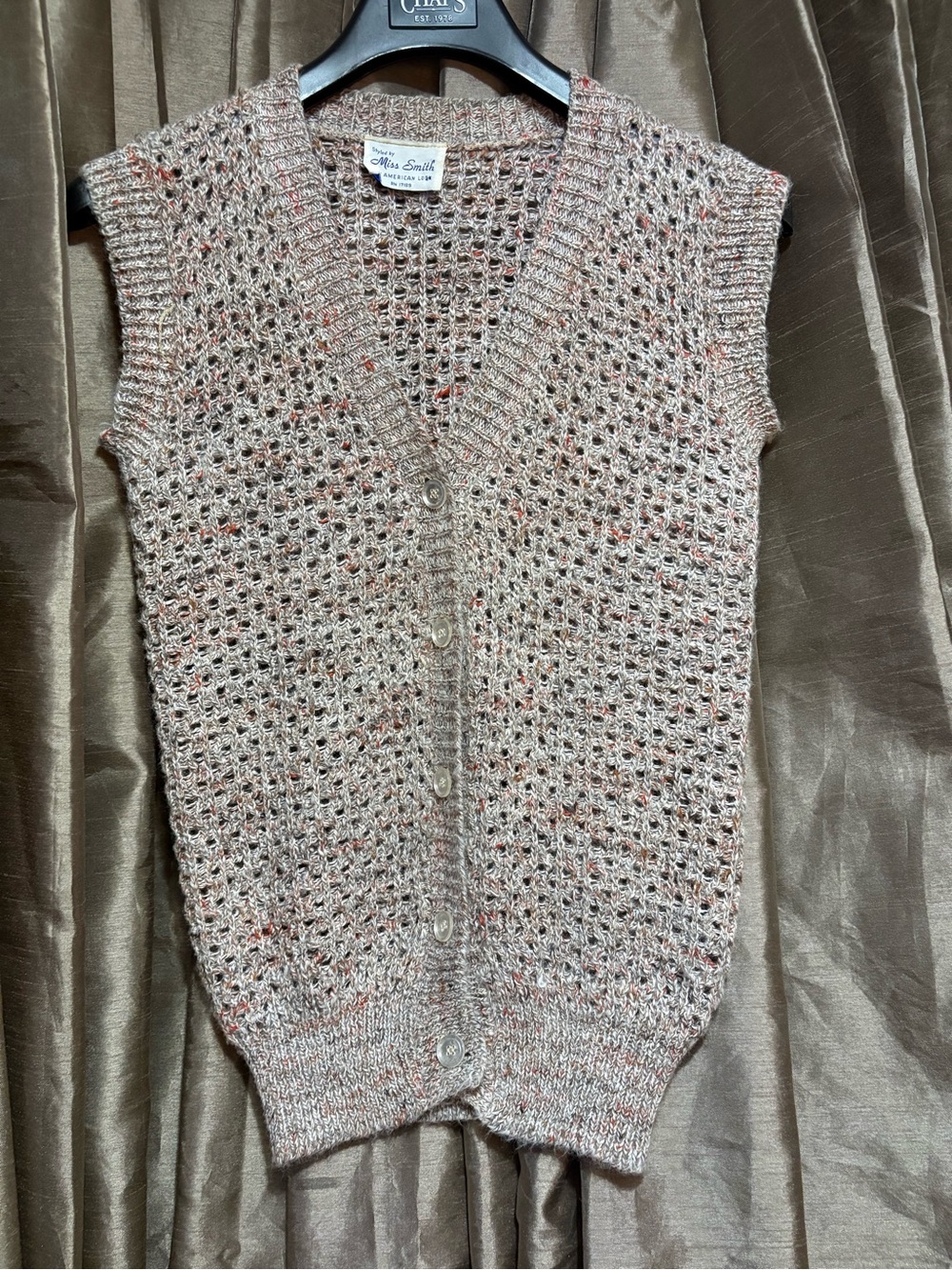 VTG Miss Smith Open-Knit Sleeveless Button Cardigan Vest in Taupe 17↔️18↕️ #1882